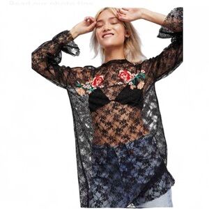 Free People M Fast Forward Tee Top Black Lace Sheer Mini Dress Fairy Goth BOHO